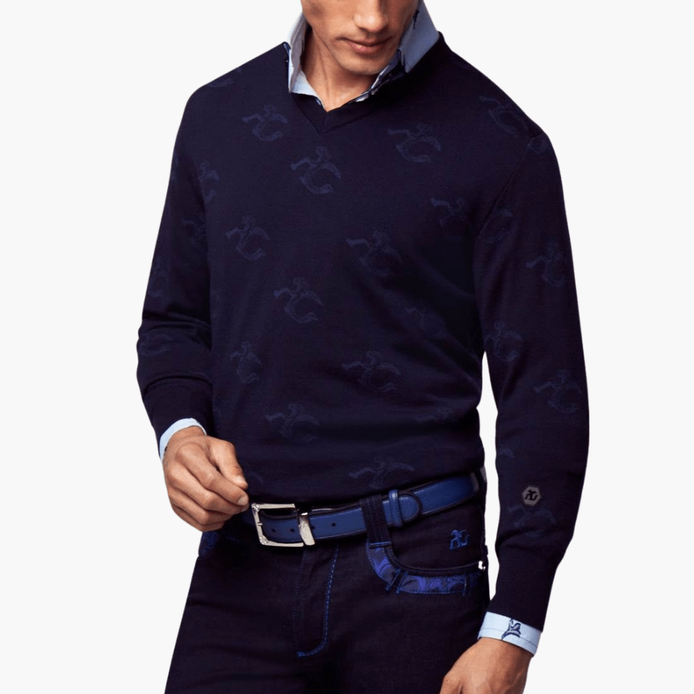 Blue Wool & Cashmere Monogram V-Neck - Angelo Galasso - Luxury Italian Menswear London