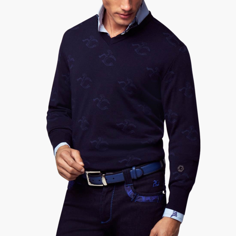 Blue Wool & Cashmere Monogram V-Neck - A11MR0709F