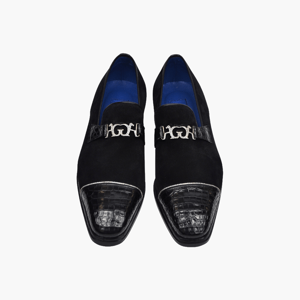 Black Suede Diamond and Gold Slip On Shoes - Angelo Galasso - Luxury Italian Menswear London