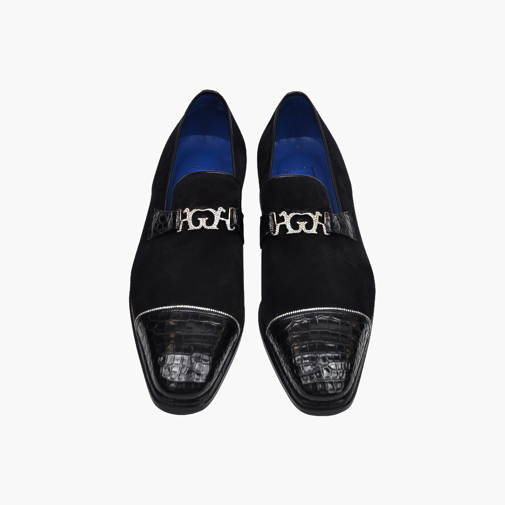 Black Suede Diamond and Gold Slip On Shoes