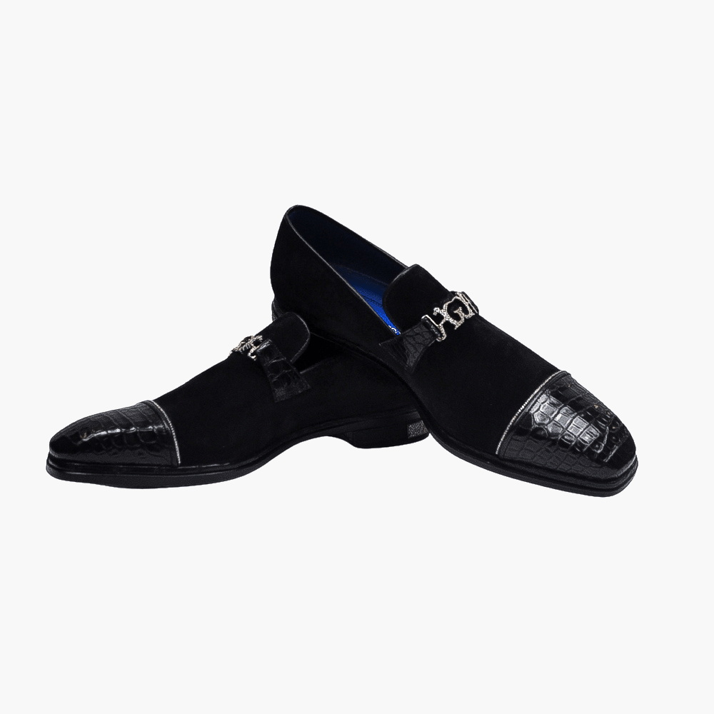 Black Suede Diamond and Gold Slip On Shoes - Angelo Galasso - Luxury Italian Menswear London