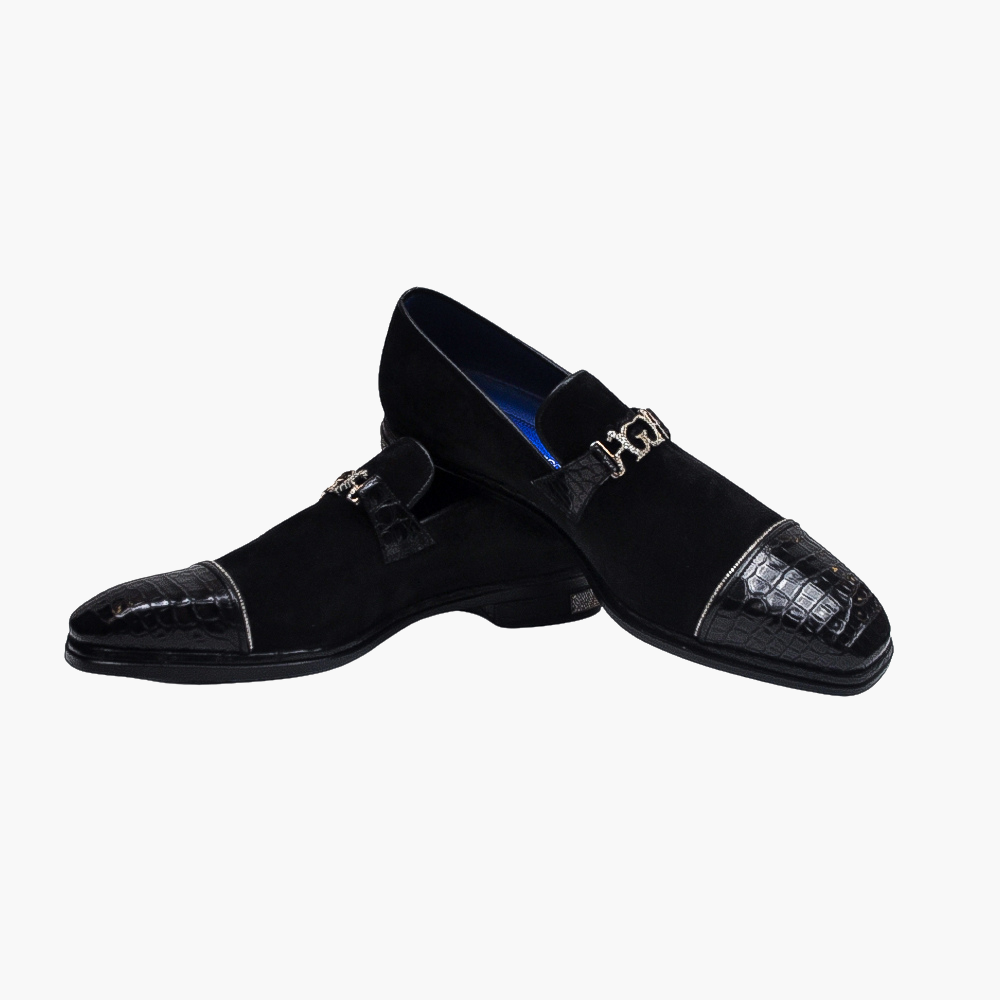 Black Suede Diamond and Gold Slip On Shoes