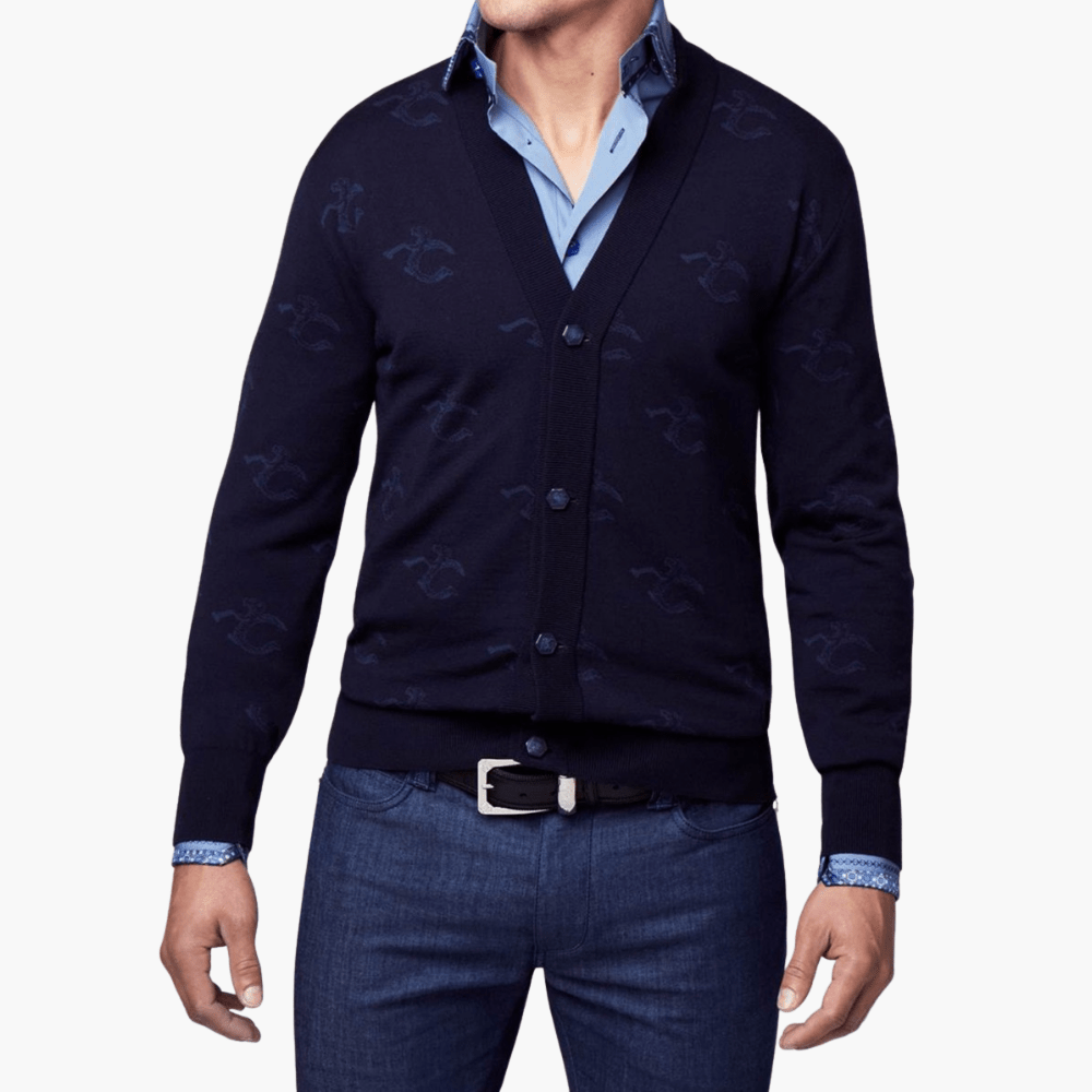Blue Wool & Cashmere Monogram Cardigan - Angelo Galasso - Luxury Italian Menswear London