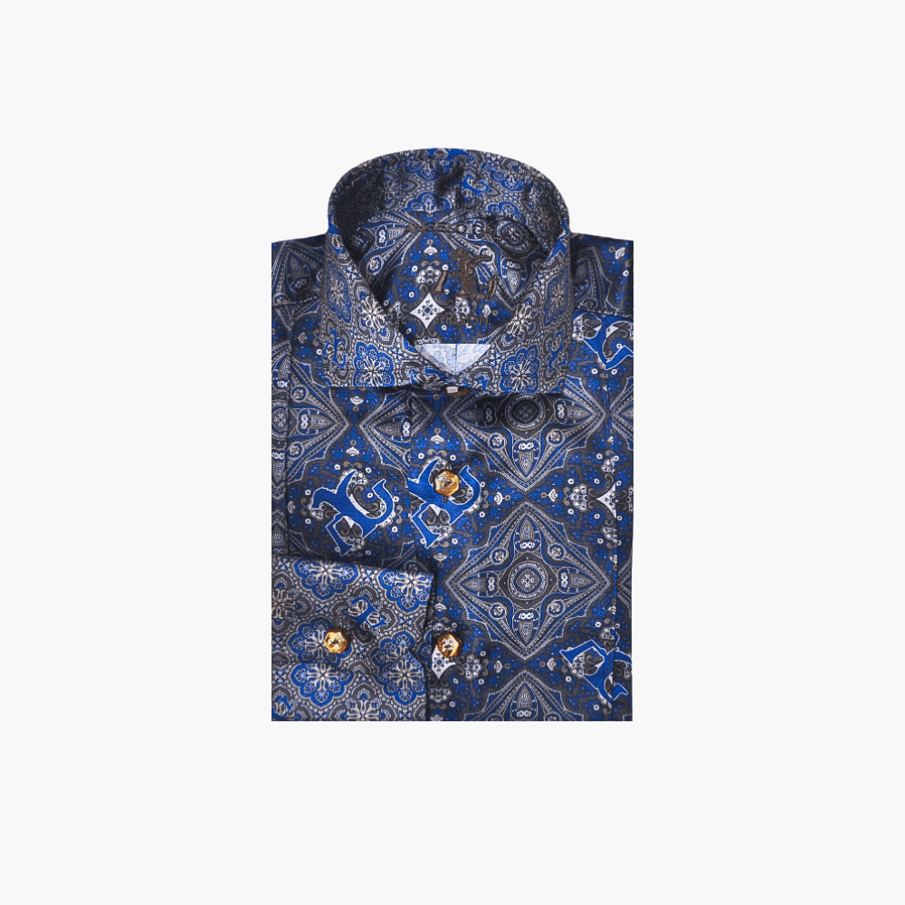 Blue & Grey Custom Print Silk Mason Shirt - Angelo Galasso - Luxury Italian Menswear London