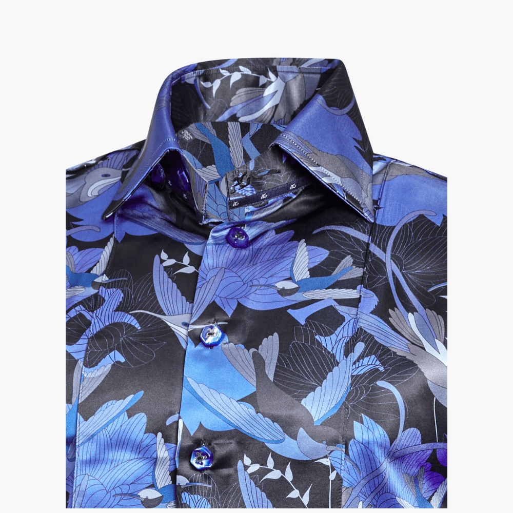 Blue Silk Hummingbird AG Print Corleone Shirt - Angelo Galasso - Luxury Italian Menswear London
