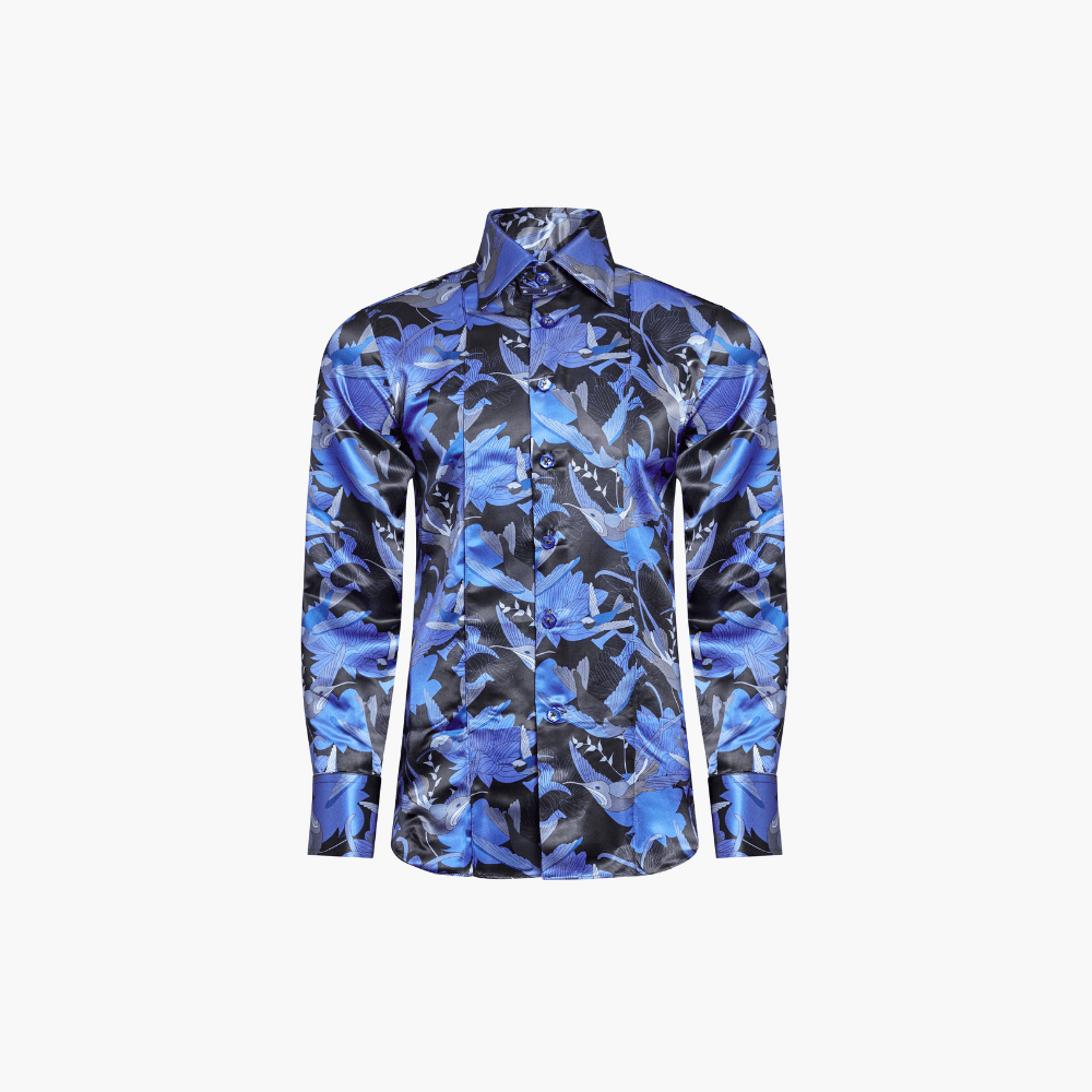 Blue Silk Hummingbird AG Print Corleone Shirt - Angelo Galasso - Luxury Italian Menswear London