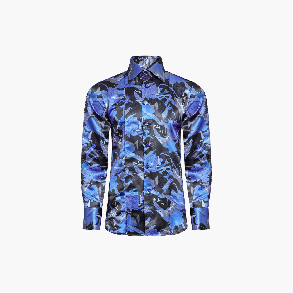 Blue Silk Hummingbird AG Print Corleone Shirt