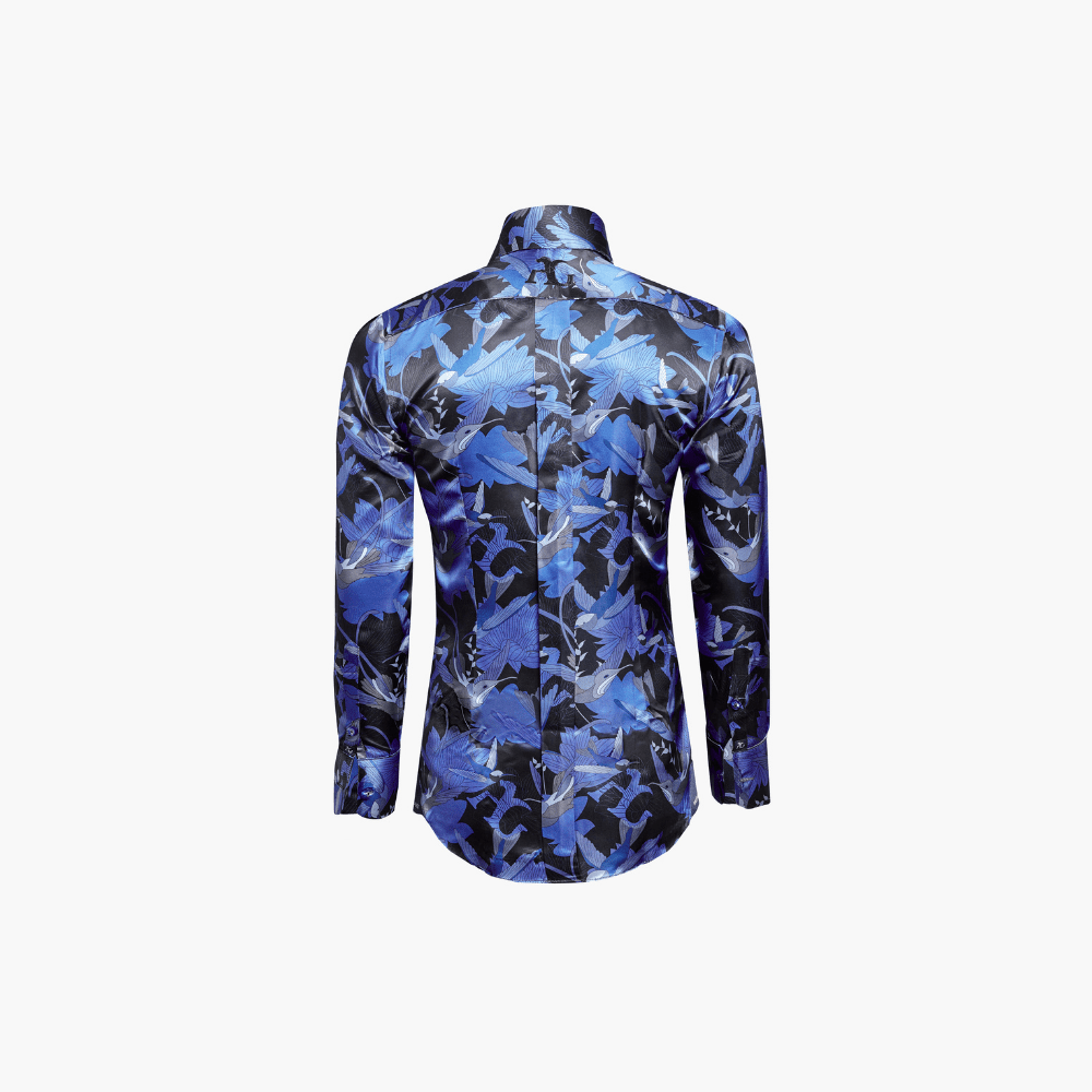 Blue Silk Hummingbird AG Print Corleone Shirt - Angelo Galasso - Luxury Italian Menswear London