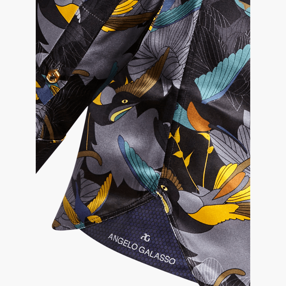 Grey Silk Hummingbird AG Print Corleone Shirt - Angelo Galasso - Luxury Italian Menswear London