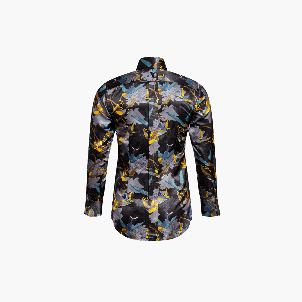 Grey Silk Hummingbird AG Print Corleone Shirt - Angelo Galasso - Luxury Italian Menswear London