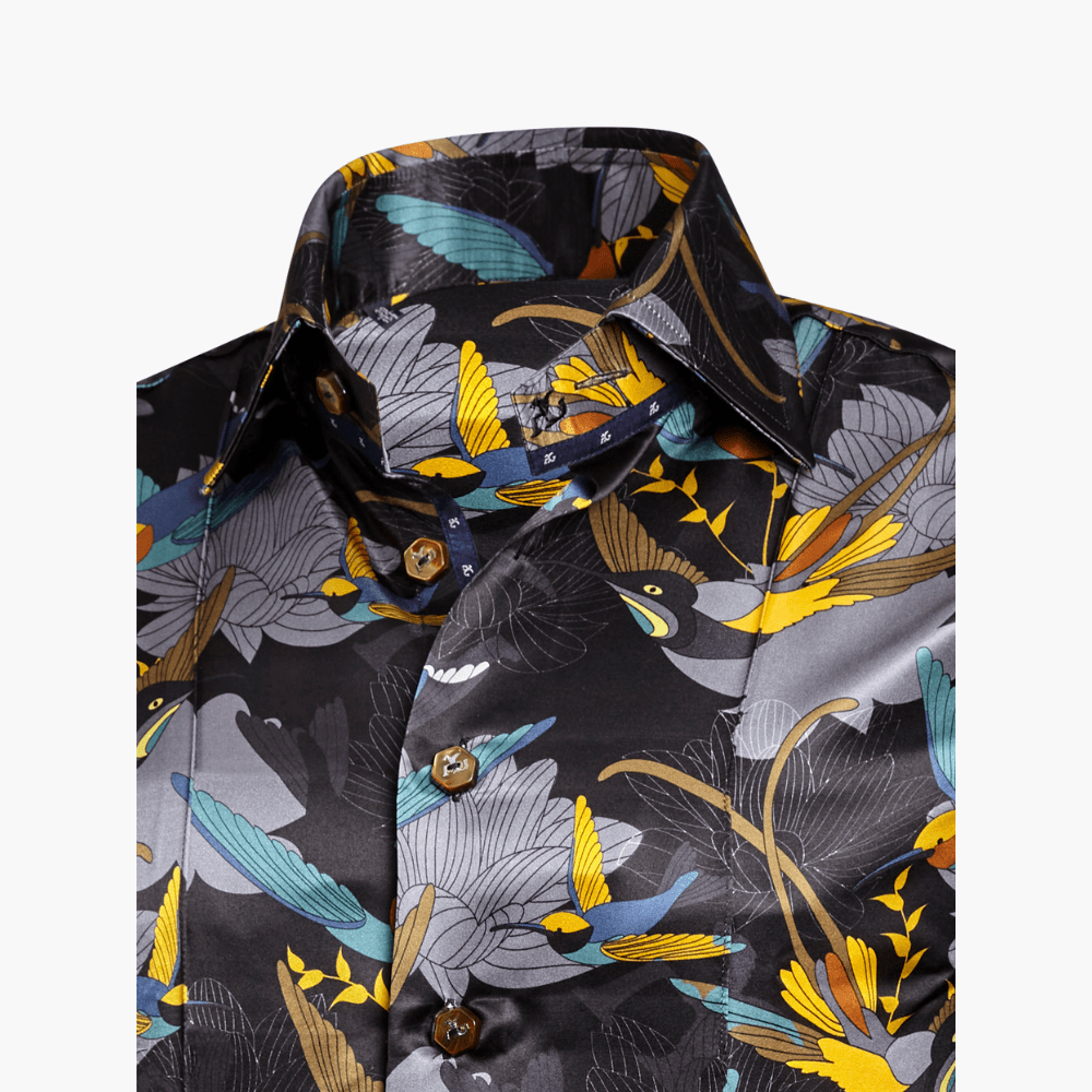 Grey Silk Hummingbird AG Print Corleone Shirt - Angelo Galasso - Luxury Italian Menswear London