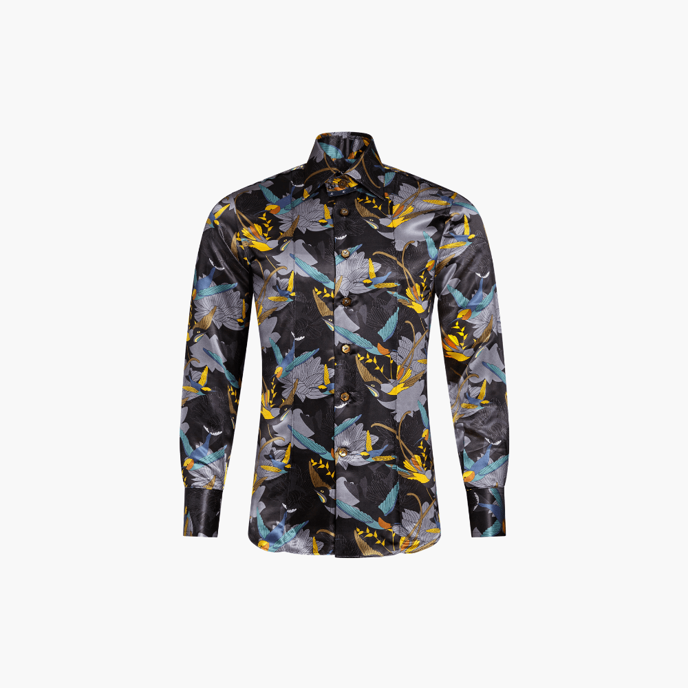 Grey Silk Hummingbird AG Print Corleone Shirt - Angelo Galasso - Luxury Italian Menswear London