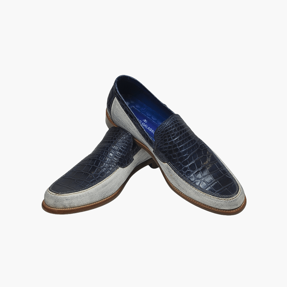 Blue & White Crocodile Slip-on Shoes - Angelo Galasso - Luxury Italian Menswear London