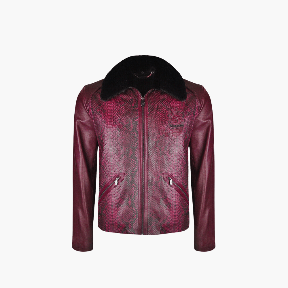 Burgundy Python & Leather Jacket with Mink Fur Collar - Angelo Galasso - Luxury Italian Menswear London
