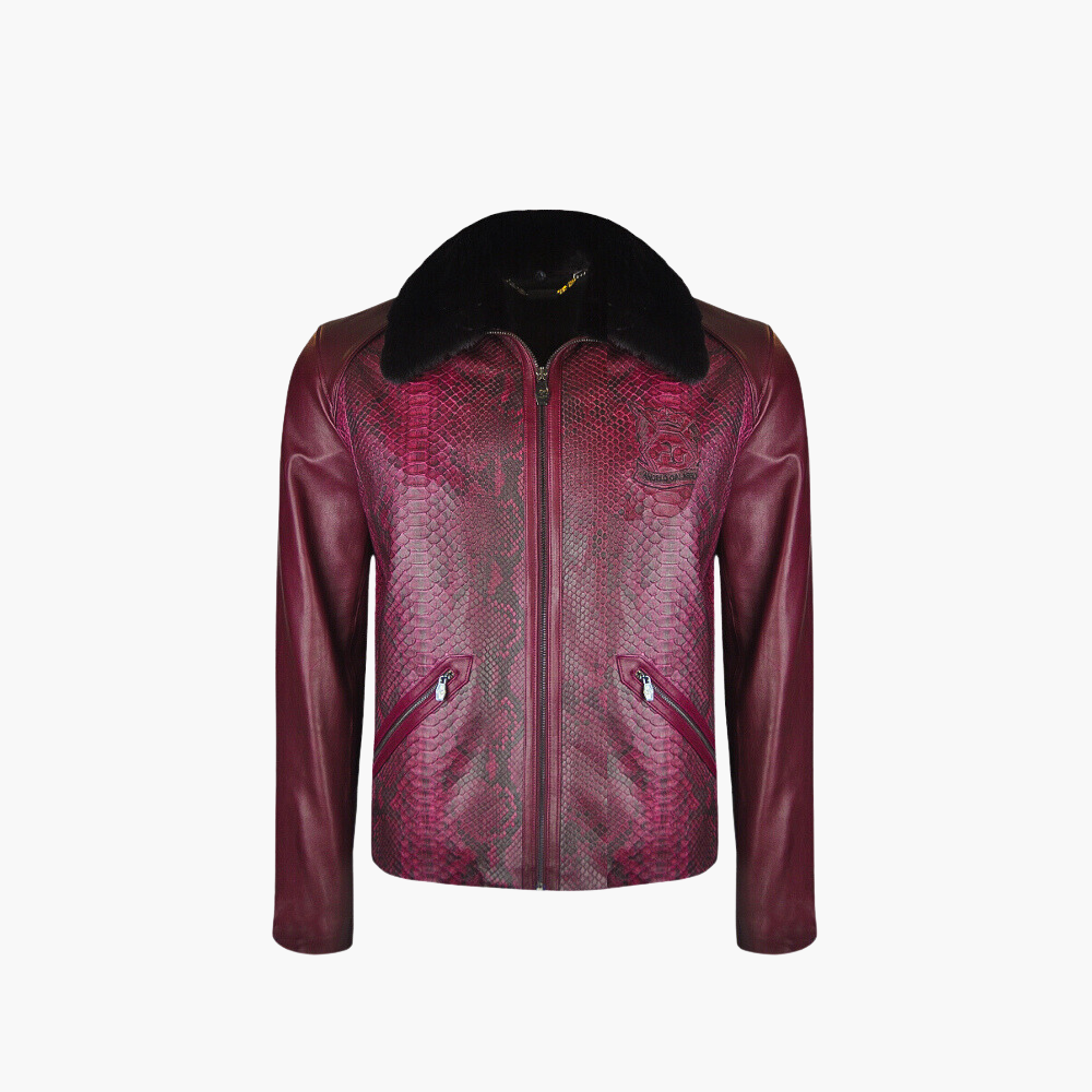 Burgundy Python & Leather Jacket with Mink Fur Collar