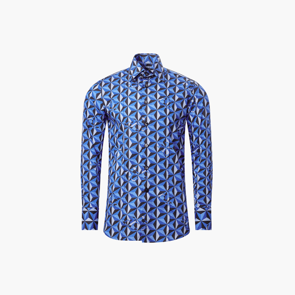 Blue Geometric Print Corleone Shirt - Angelo Galasso - Luxury Italian Menswear London