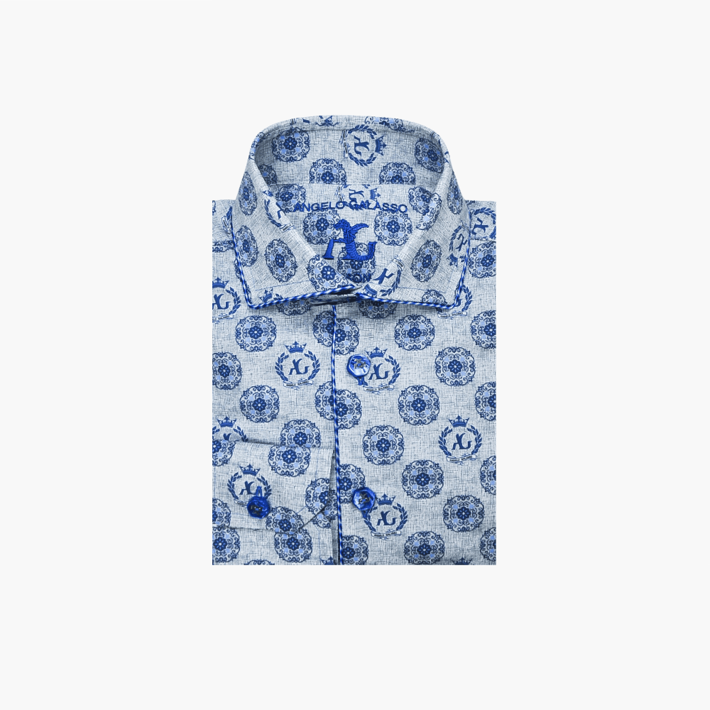 Blue & Grey Alloro Print Shirt - Angelo Galasso - Luxury Italian Menswear London