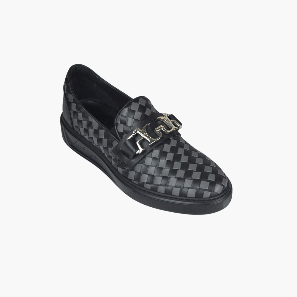 Black & Grey Woven Calf Leather Slip-on Shoes - AG24WSCAF01