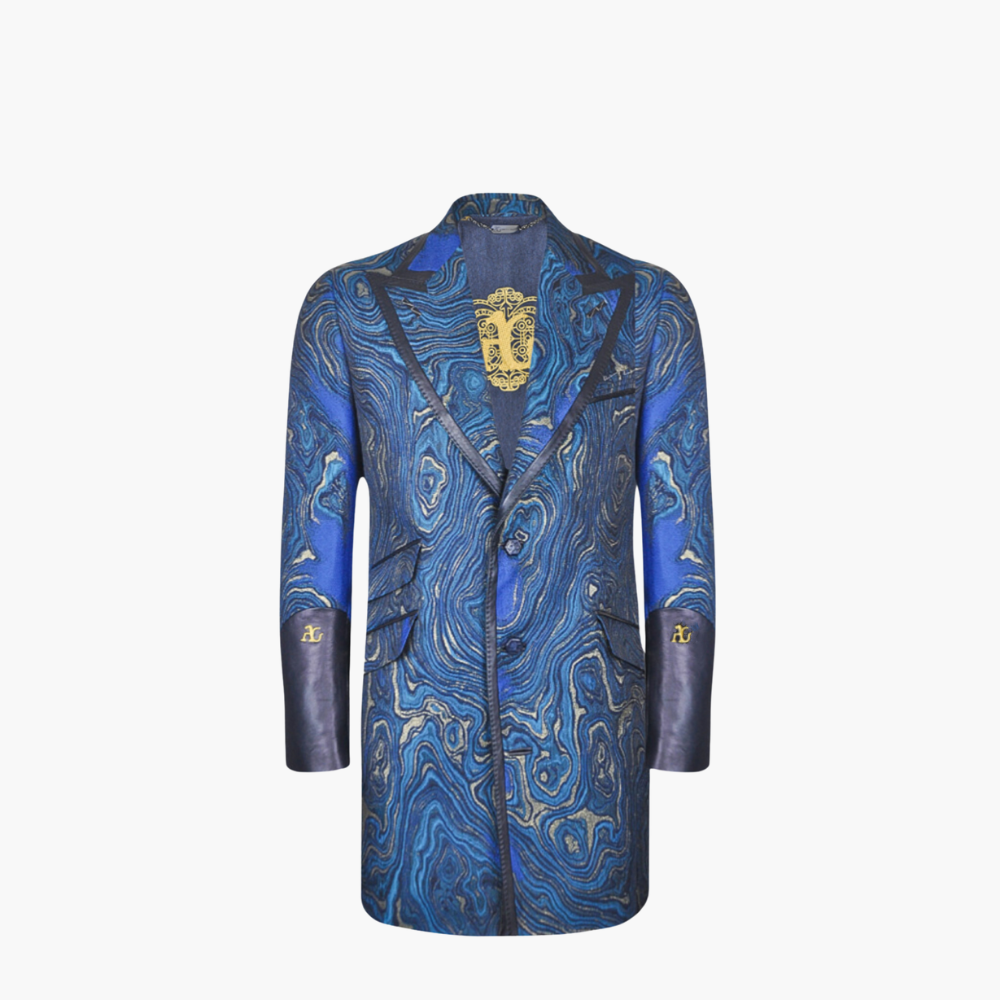 Blue Marble Effect Leather Jacket Coat