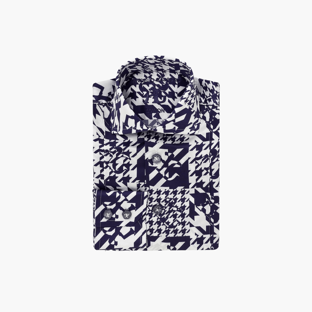Blue Silk Houndstooth Mason Shirt - Angelo Galasso - Luxury Italian Menswear London