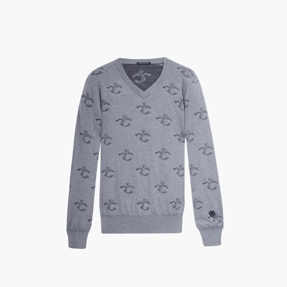 Grey Wool & Cashmere Monogram V-Neck - Angelo Galasso - Luxury Italian Menswear London