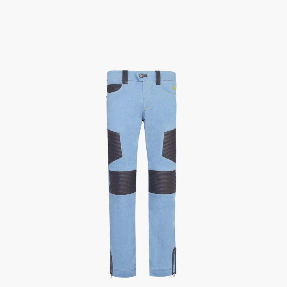 Light Blue Jeans with Leather Inserts - Angelo Galasso - Luxury Italian Menswear London