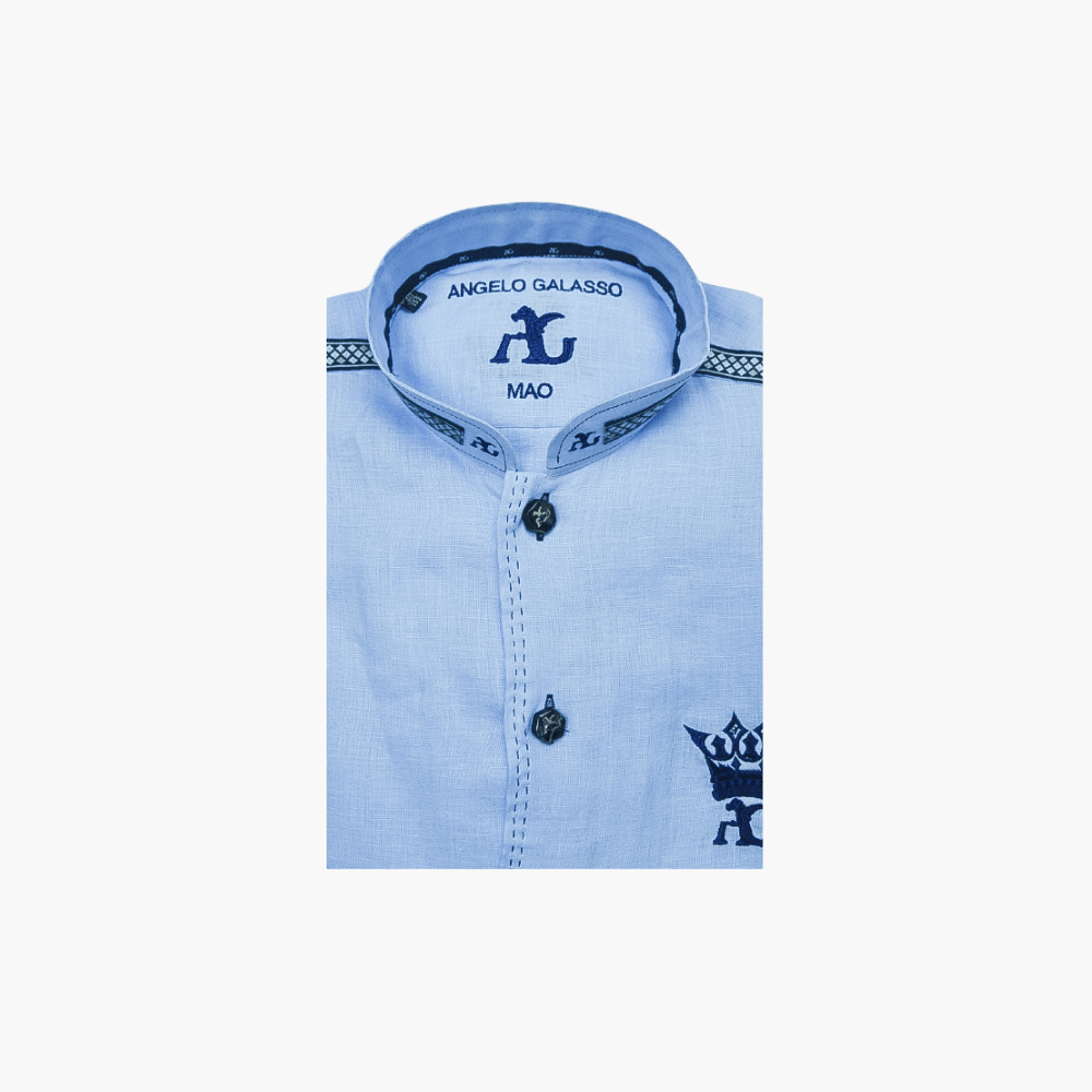 Light Blue Mao Collar AG Crown Shirt - Angelo Galasso - Luxury Italian Menswear London