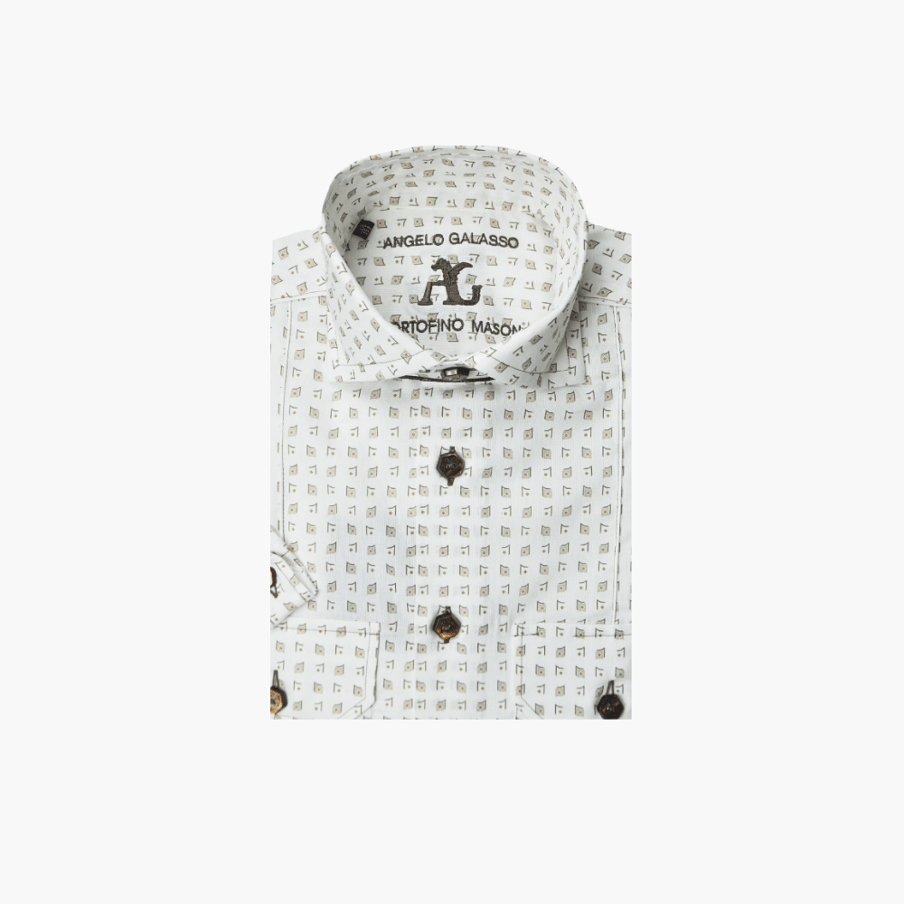 Beige & White Match Point Short Sleeves Portofino/Mason Shirt - Angelo Galasso - Luxury Italian Menswear London