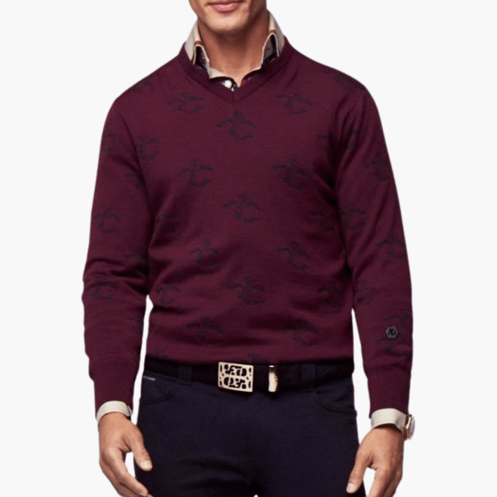 Burgundy Wool & Cashmere Monogram V-Neck - Angelo Galasso - Luxury Italian Menswear London