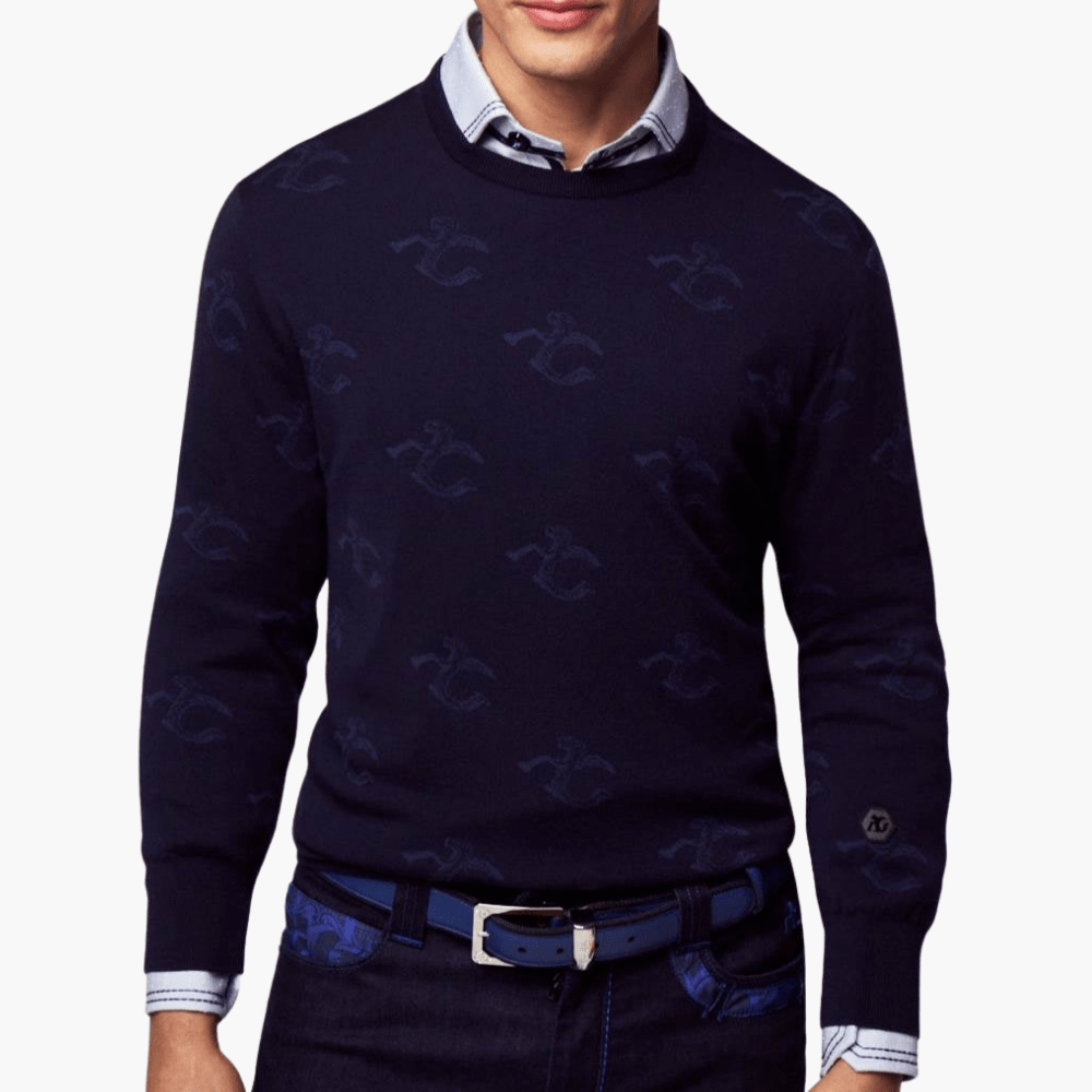 Blue Wool & Cashmere Monogram C-Neck - Angelo Galasso - Luxury Italian Menswear London