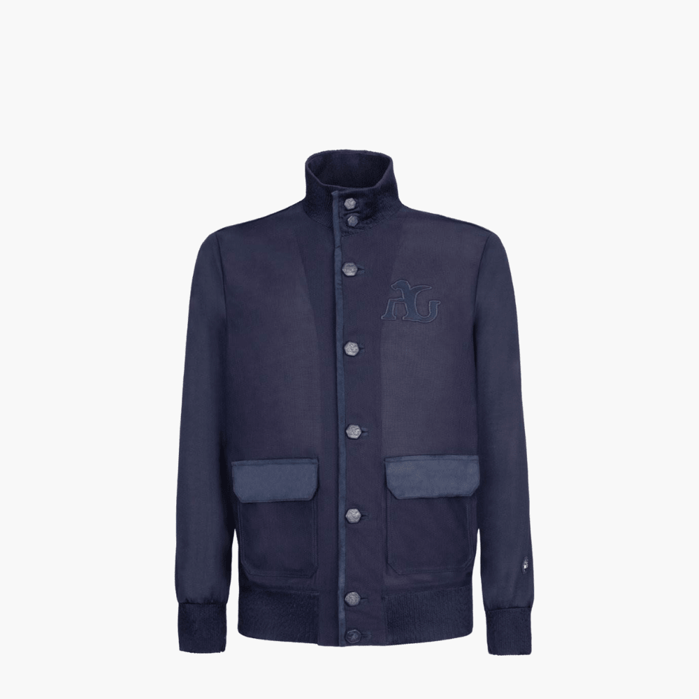 Navy Blue Cardigan Jacket with AG Logo - Angelo Galasso - Luxury Italian Menswear London