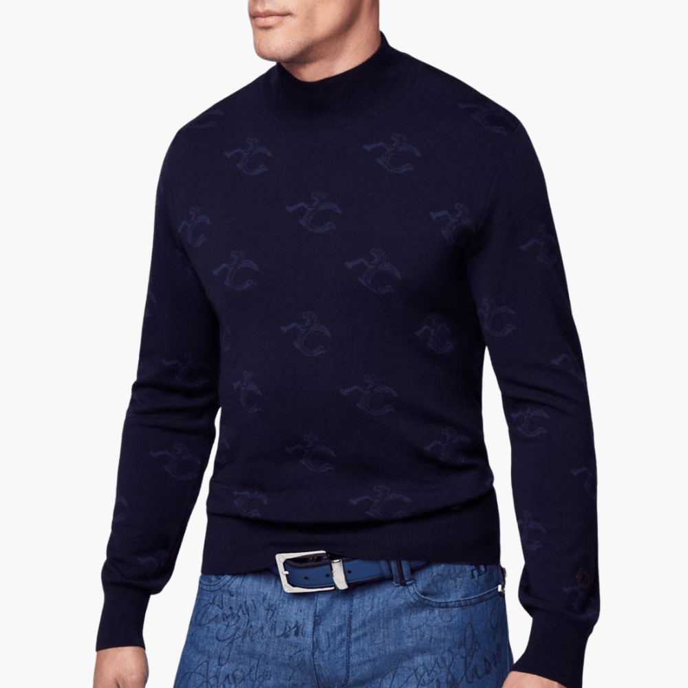 Blue Wool & Cashmere Monogram Turtle Neck - Angelo Galasso - Luxury Italian Menswear London