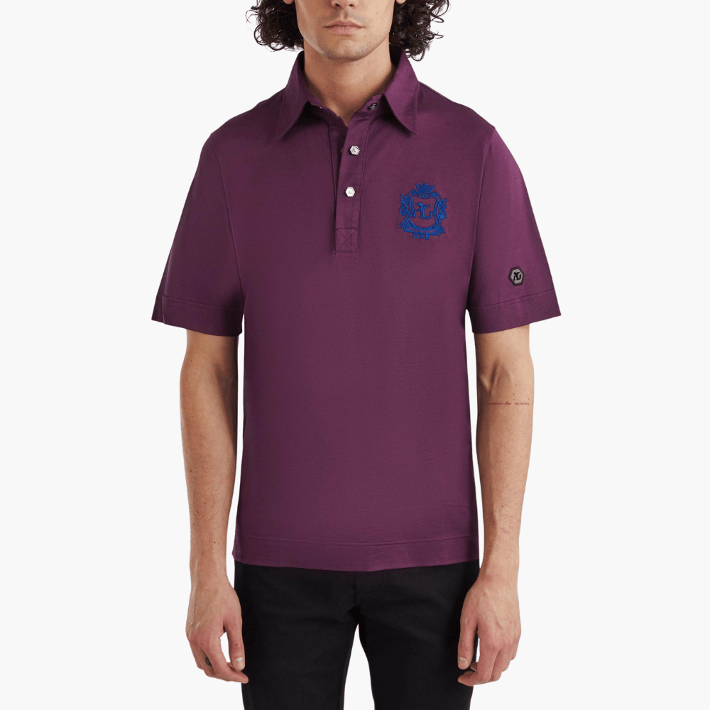 Burgundy Lisle Thread Polo with Shield - Angelo Galasso - Luxury Italian Menswear London