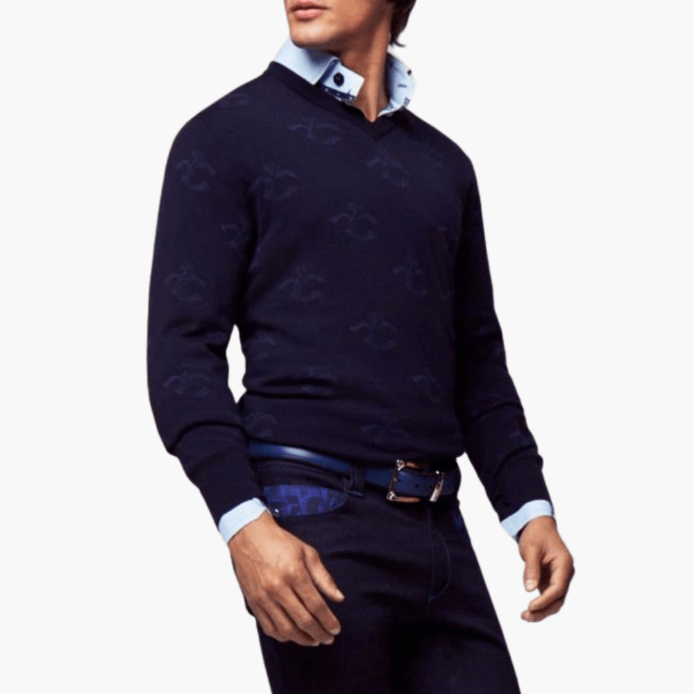 Blue Wool & Cashmere Monogram V-Neck - Angelo Galasso - Luxury Italian Menswear London