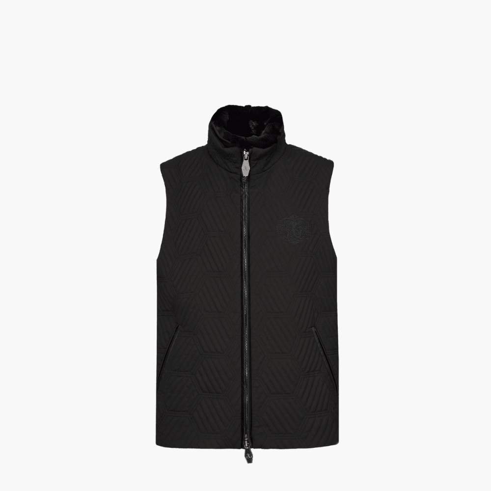 Black Hexagon Gilet With Fur Collar - Angelo Galasso - Luxury Italian Menswear London
