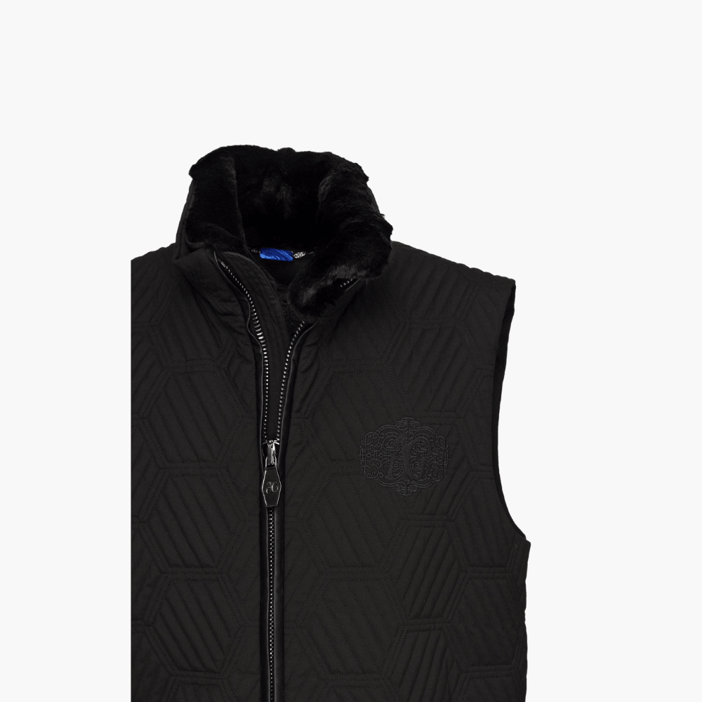 Black Hexagon Gilet With Fur Collar - Angelo Galasso - Luxury Italian Menswear London