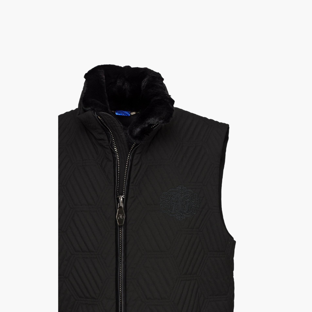 Black Hexagon Gilet With Fur Collar - 20S4IPP04