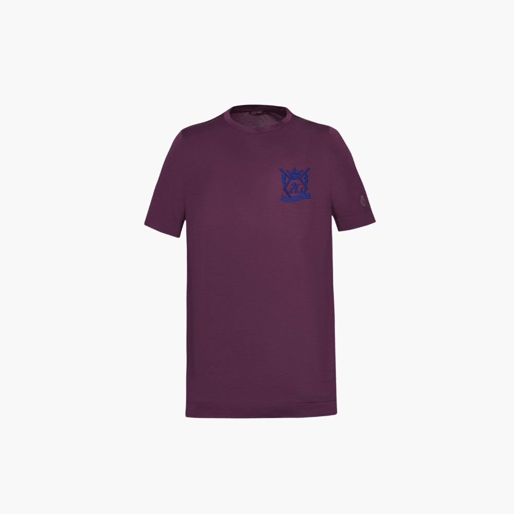 Burgundy & Blue Cotton T-Shirt with Hexagon Crest - Angelo Galasso - Luxury Italian Menswear London