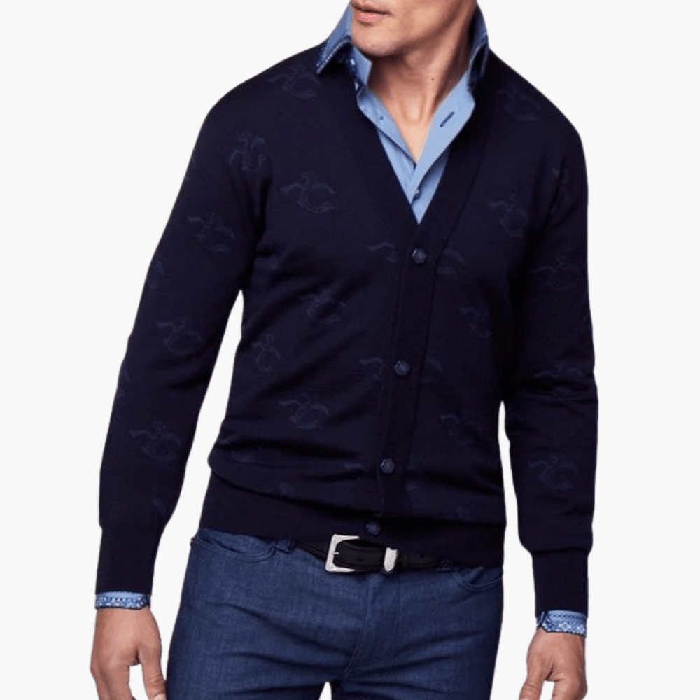Blue Wool & Cashmere Monogram Cardigan - Angelo Galasso - Luxury Italian Menswear London
