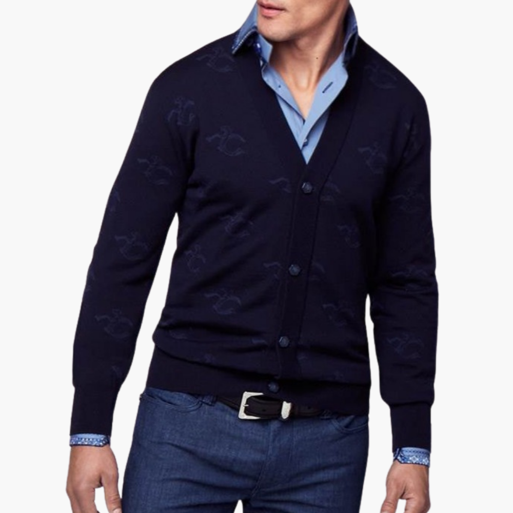 Blue Wool & Cashmere Monogram Cardigan -A21MR07001