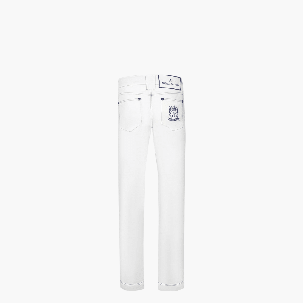 White & Blue Cotton Jeans with Hexagon Crest - Angelo Galasso - Luxury Italian Menswear London