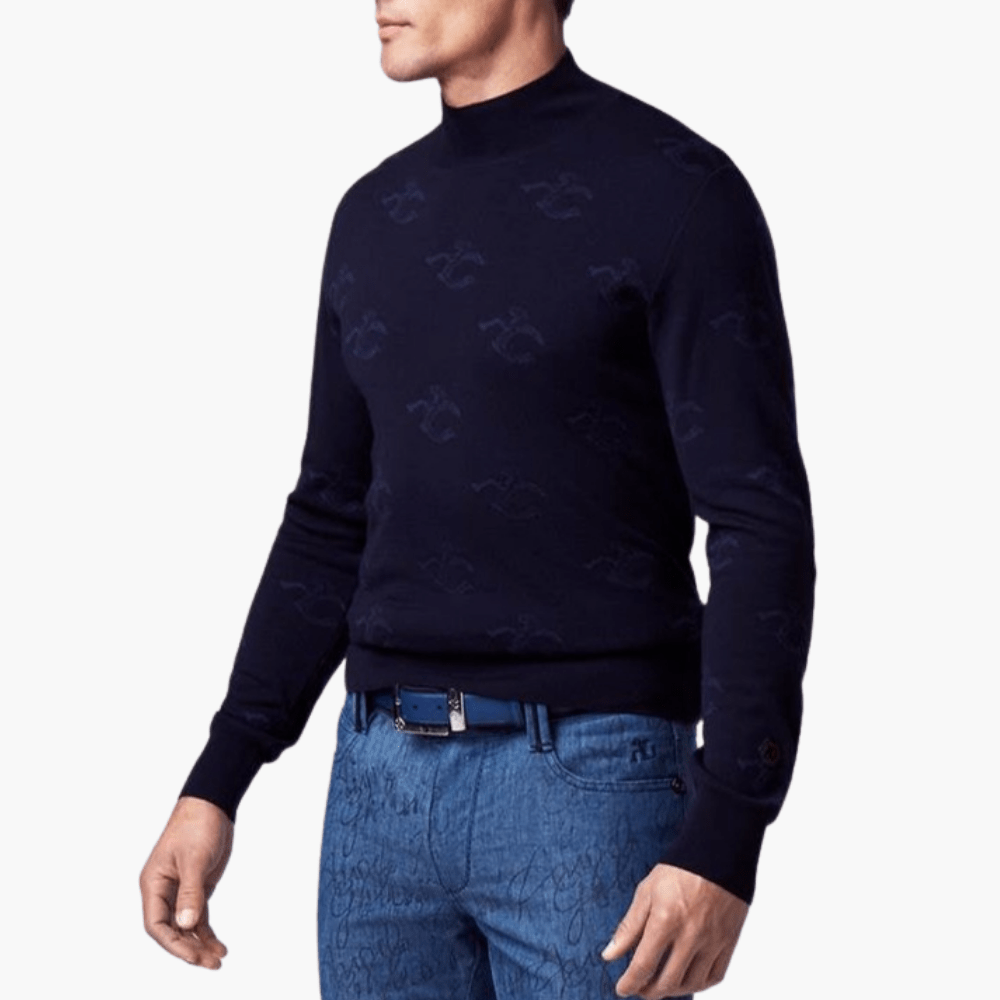 Blue Wool & Cashmere Monogram Turtle Neck - Angelo Galasso - Luxury Italian Menswear London