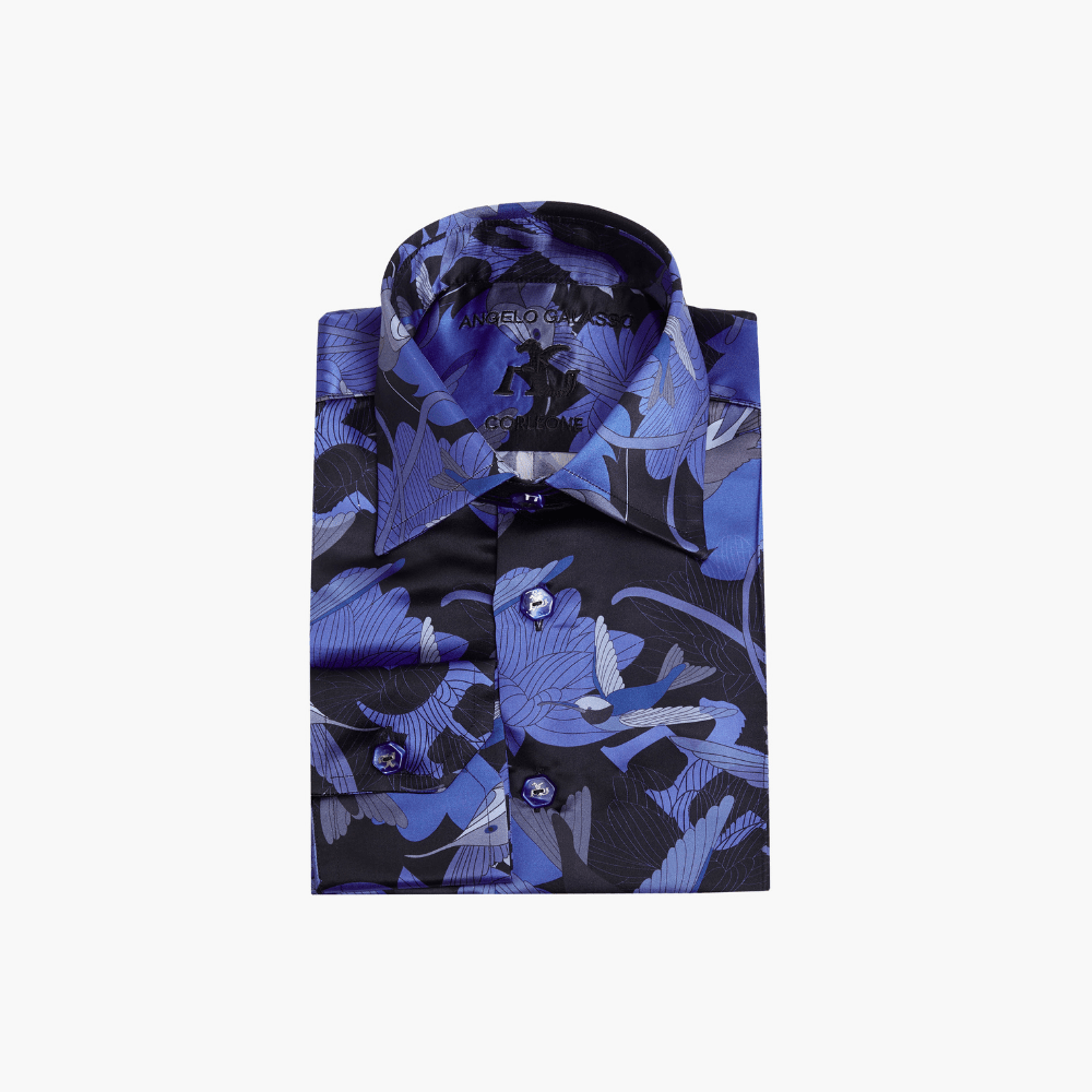 Blue Silk Hummingbird AG Print Corleone Shirt - Angelo Galasso - Luxury Italian Menswear London