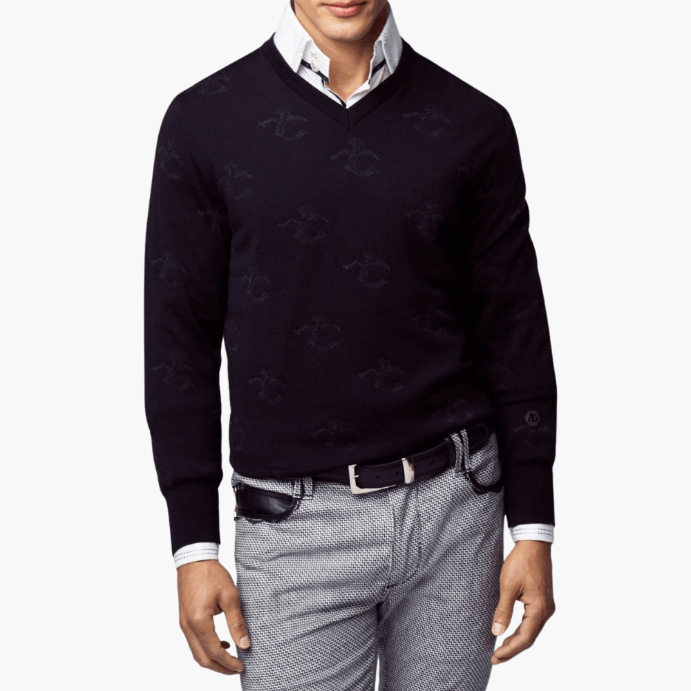 Black Wool & Cashmere Monogram V-Neck - Angelo Galasso - Luxury Italian Menswear London