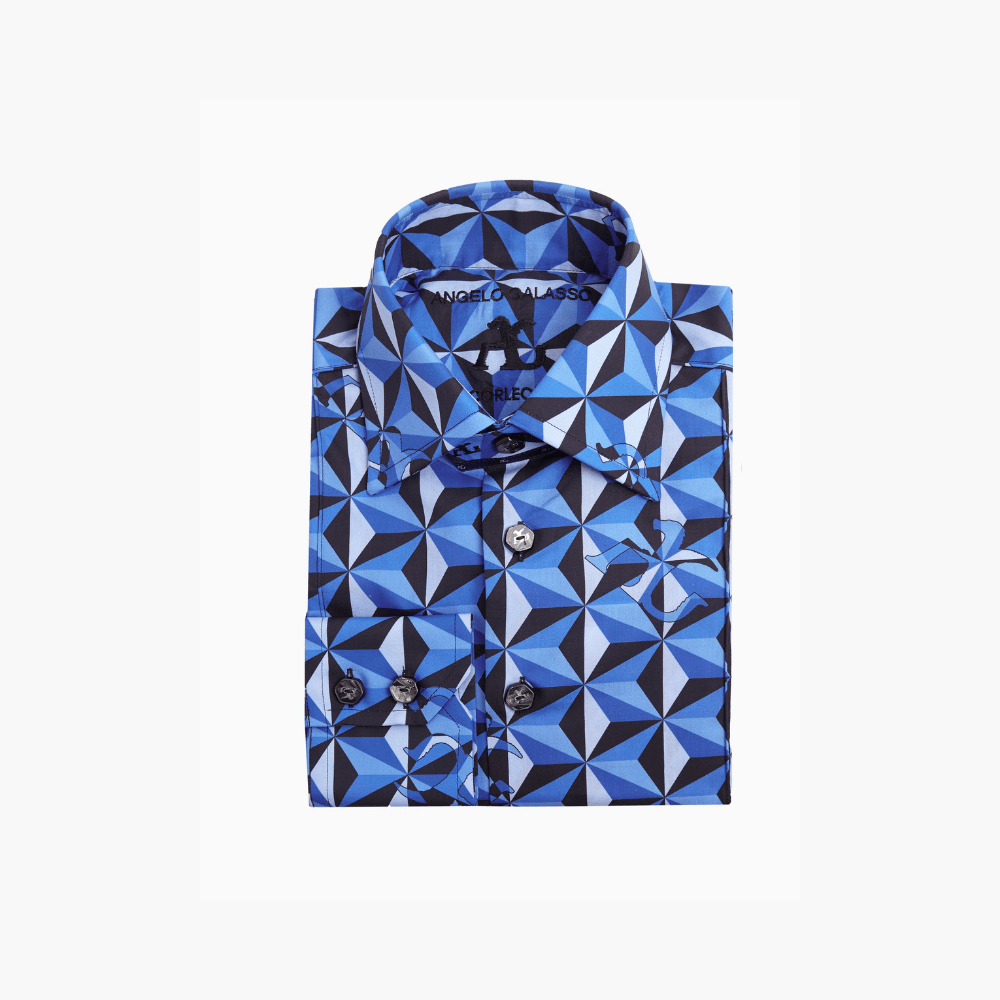 Blue Geometric Print Corleone Shirt - Angelo Galasso - Luxury Italian Menswear London