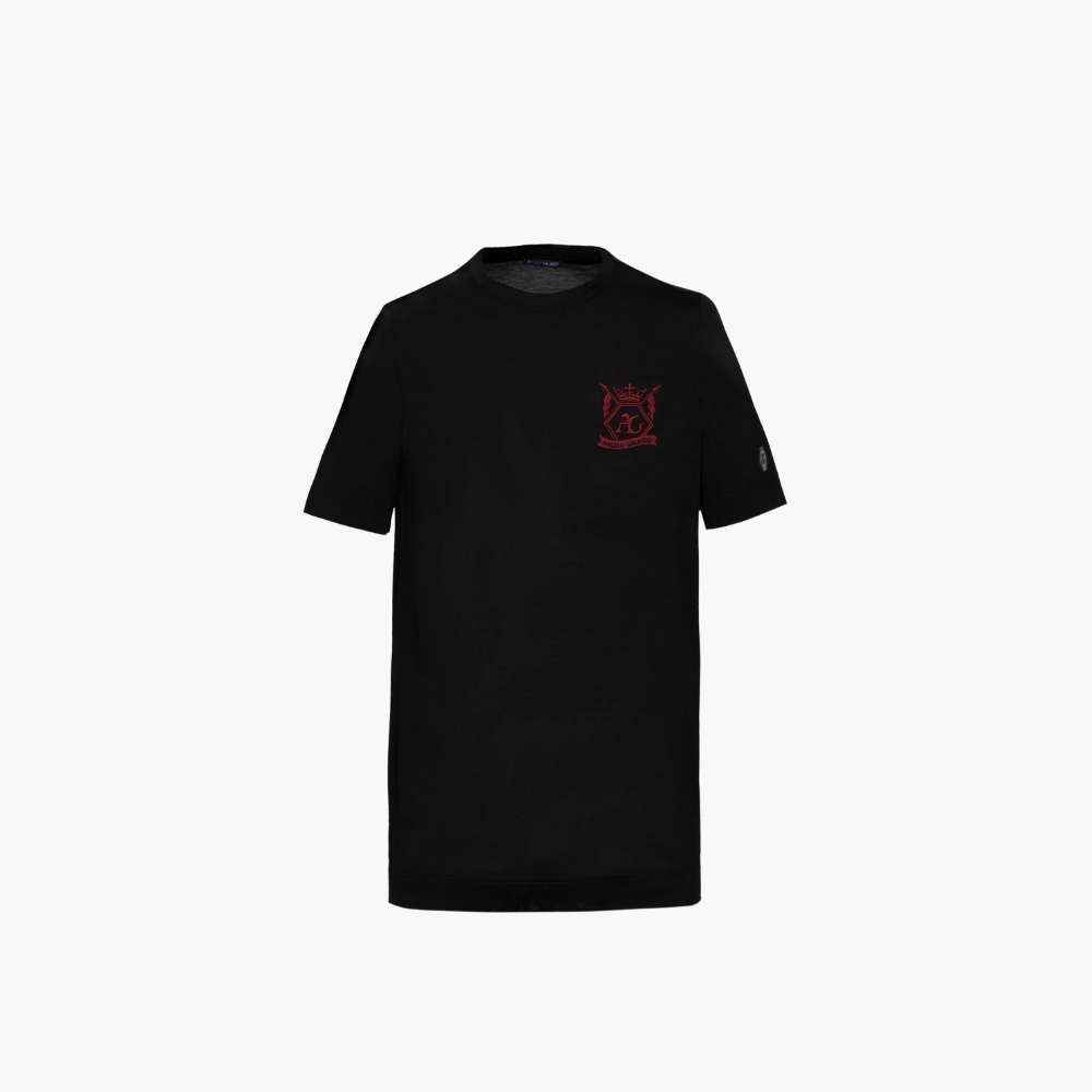 Black & Red Cotton T-Shirt with Hexagon Crest -