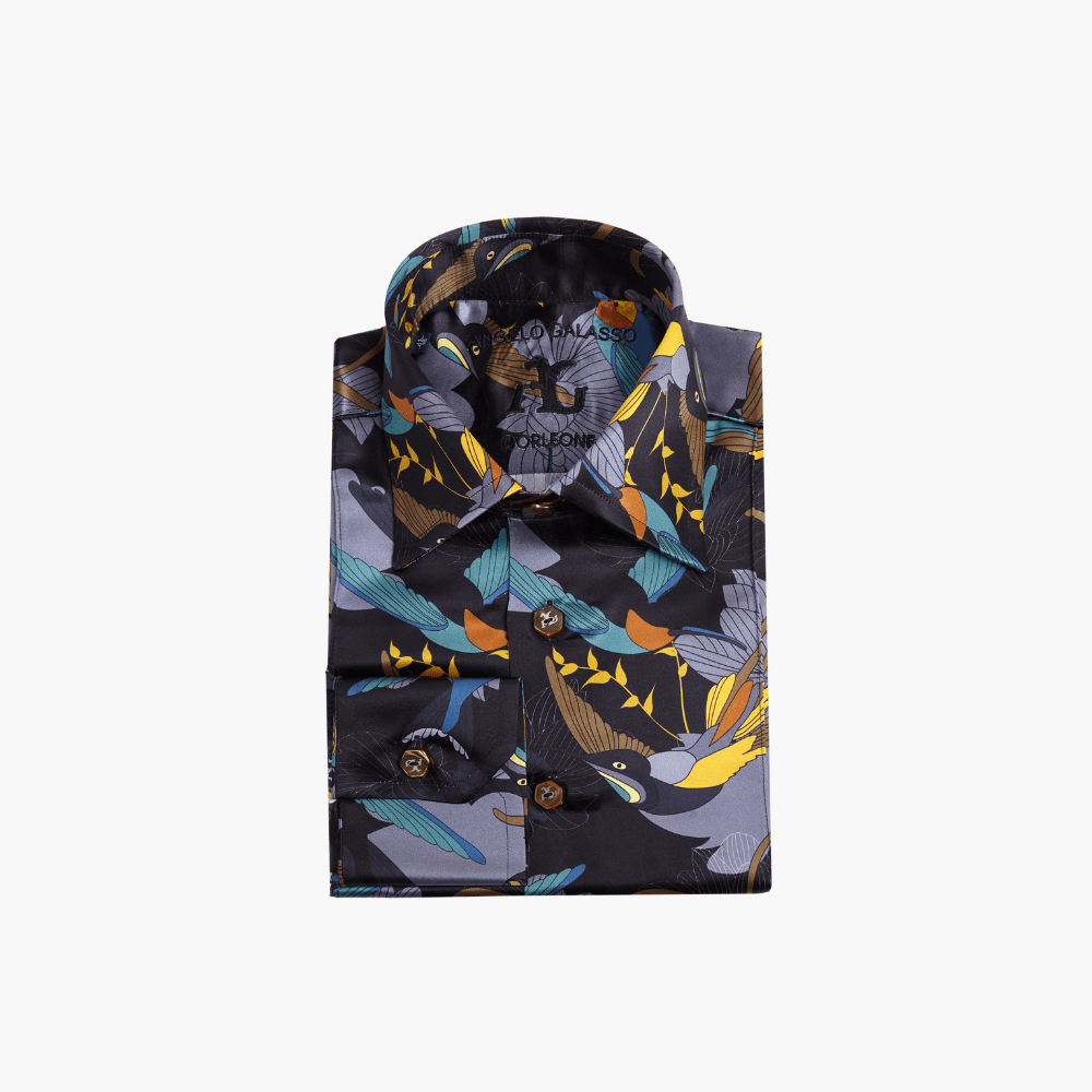 Grey Silk Hummingbird AG Print Corleone Shirt - Angelo Galasso - Luxury Italian Menswear London