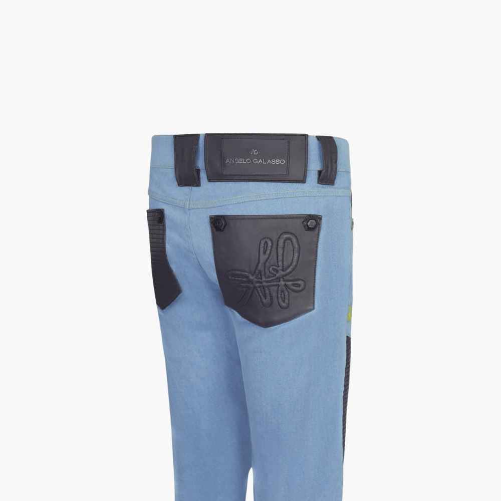 Light Blue Jeans with Leather Inserts - Angelo Galasso - Luxury Italian Menswear London