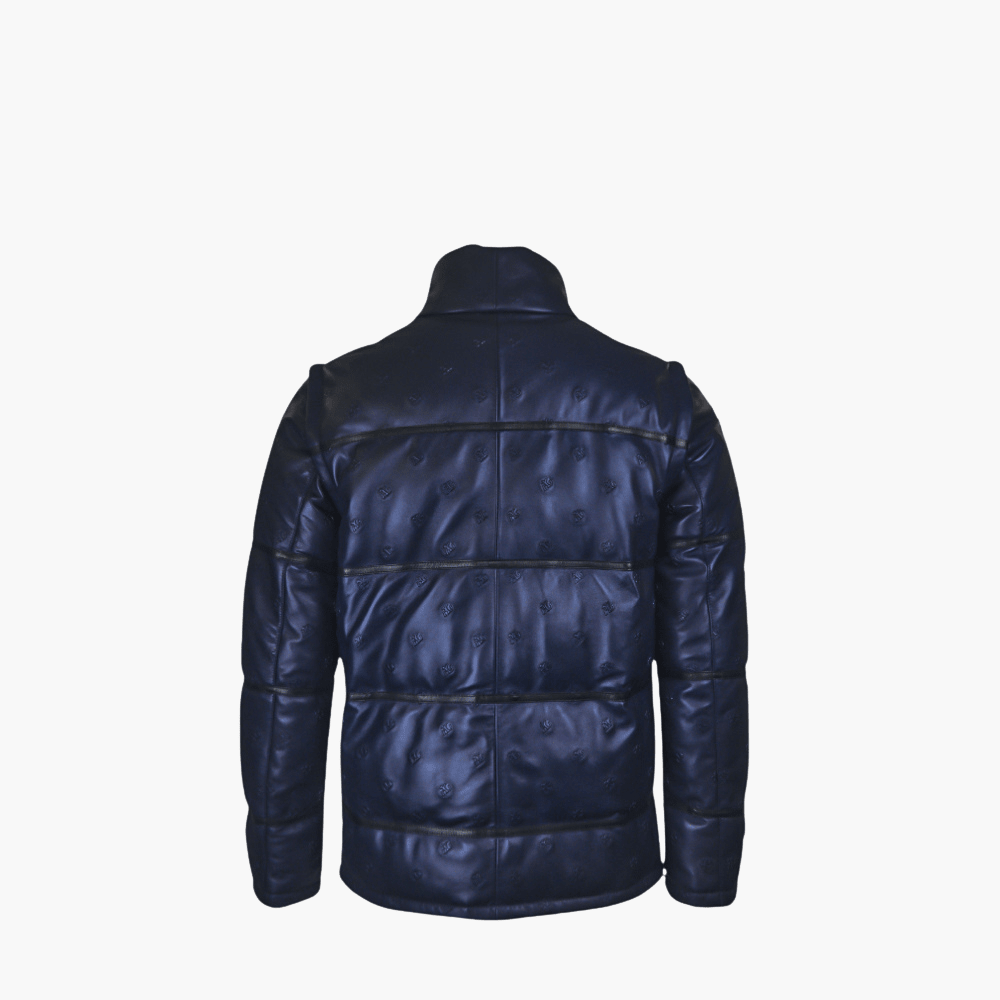 Blue Leather Outwear Jacket with AG Print - Angelo Galasso - Luxury Italian Menswear London