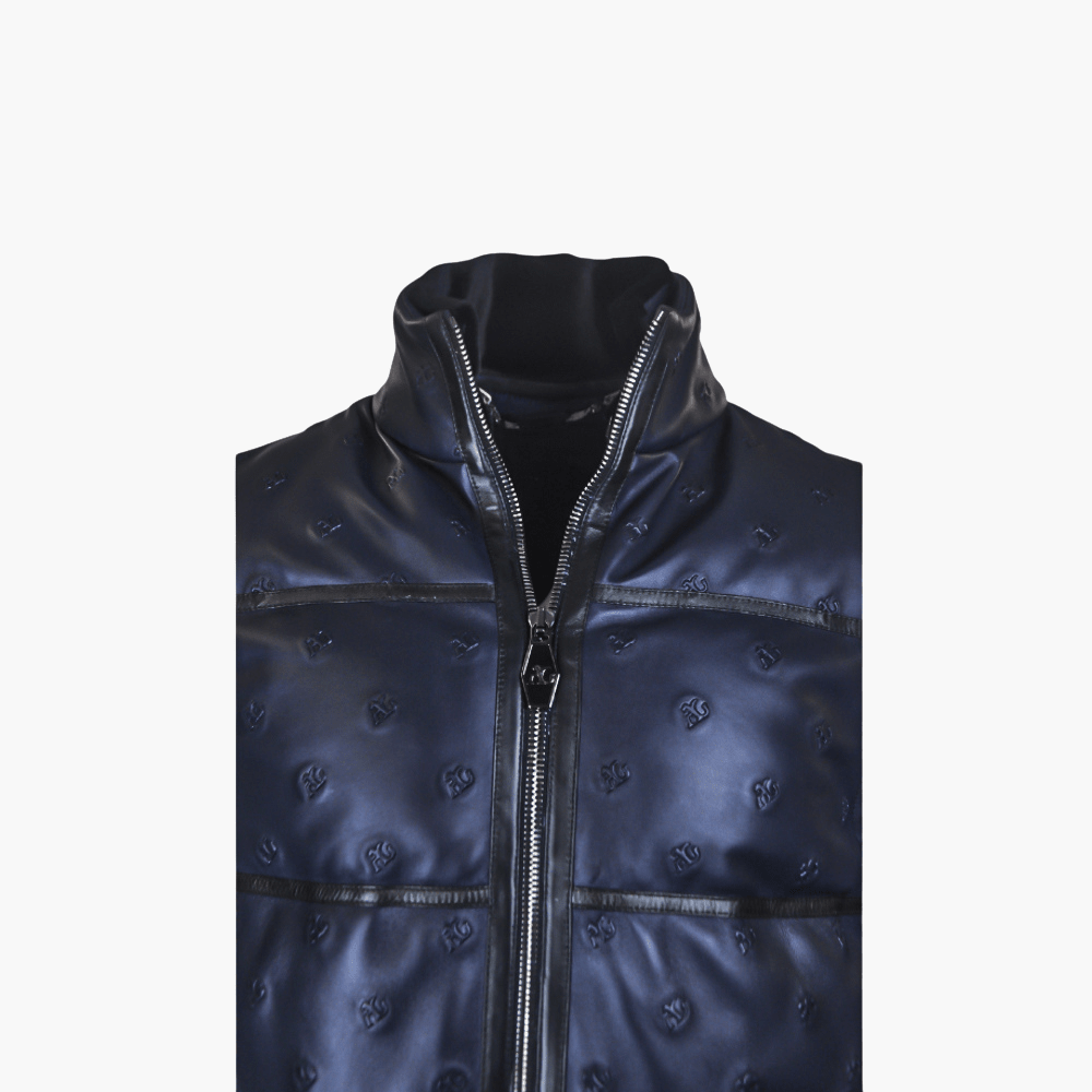 Blue Leather Outwear Jacket with AG Print - Angelo Galasso - Luxury Italian Menswear London